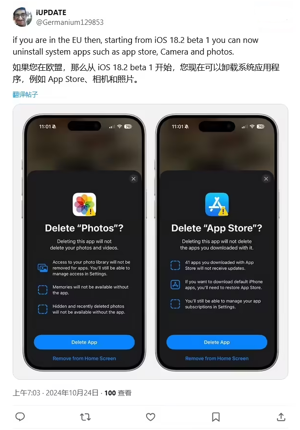 江边乡苹果手机维修分享iOS 18.2 支持删除 App Store 应用商店 